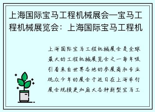 上海国际宝马工程机械展会—宝马工程机械展览会:上海国际宝马工程机械展会盛大开幕