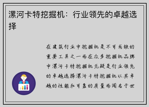漯河卡特挖掘机:行业领先的卓越选择